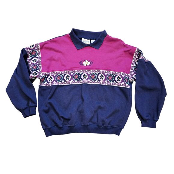 Vtg Sportif Collared Floral Sweater Womens L Blue Purple Cottagecore Gma Boho - Picture 1 of 9